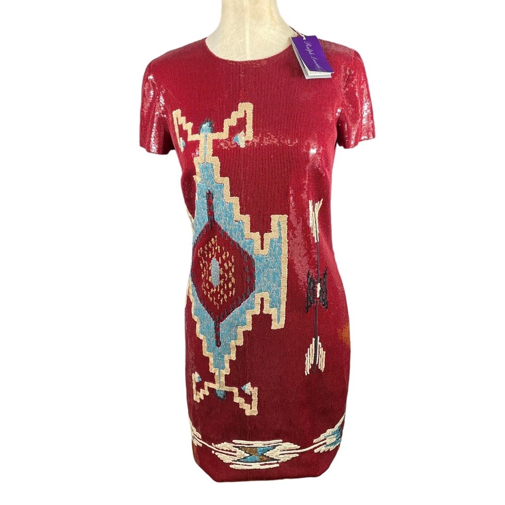 Ralph Lauren Purple Label Red Native Print Sequins Dress Knee Length Dress 6700$